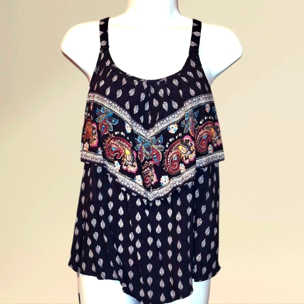 Paisley Print Sleeveless Top - Black and Multicolor